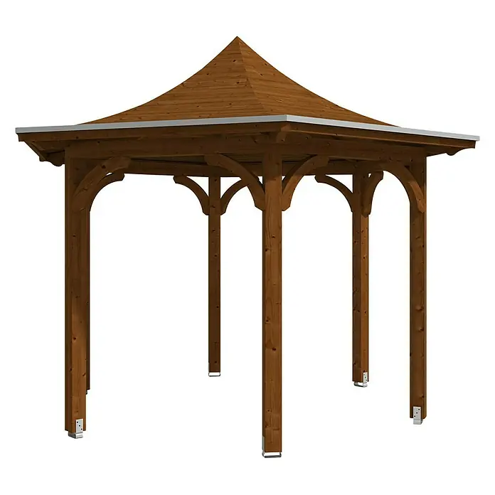 Skan Holz Pavillon Versailles - L x B: 360 x 418 cm, Nussbaum - Diagonale Ansicht