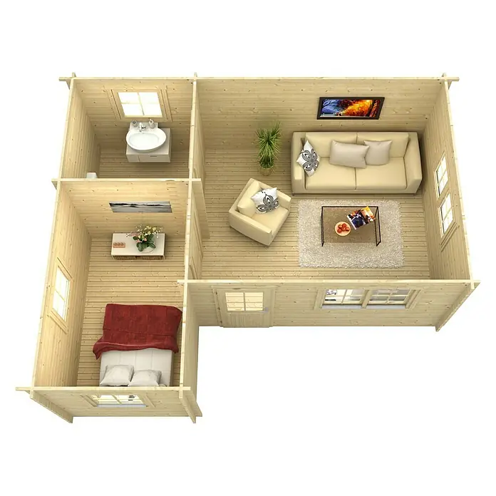 Skan Holz Gartenhaus St. Moritz - B x T: 680 x 580 cm, Holz, 24 m², Wandstärke: 45 mm, 19 mm Profilschalung mit Nut & Feder - Ansicht von oben