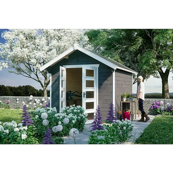 Skan Holz Gartenhaus Hengelo - B x T: 280 x 355 cm, Holz, 7,5 m², Wandstärke: 28 mm, Schiefergrau - Stimmungsaufnahme