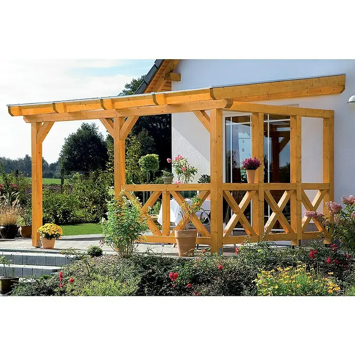 Skan Holz Seitenwand Andreaskreuz - Passend für: Skan Holz Leimholz-Terrassenüberdachungen, Tiefe 300/289 cm, Nussbaum - Stimmungsaufnahme