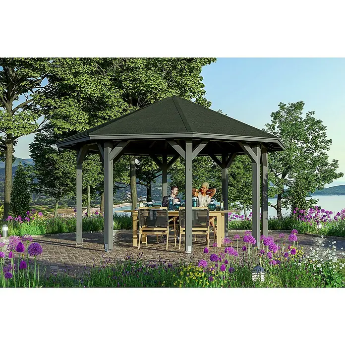 Skan Holz Pavillon Nice 2 - L x B: 484 x 484 cm, Holz, Schiefergrau - Stimmungsaufnahme