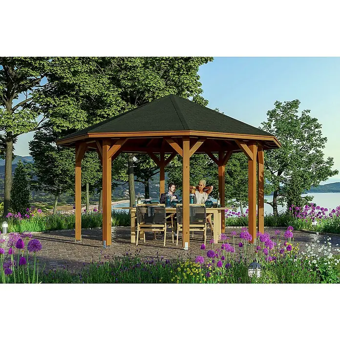 Skan Holz Pavillon Nice 2 - L x B: 484 x 484 cm, Holz, Nussbaum - Stimmungsaufnahme