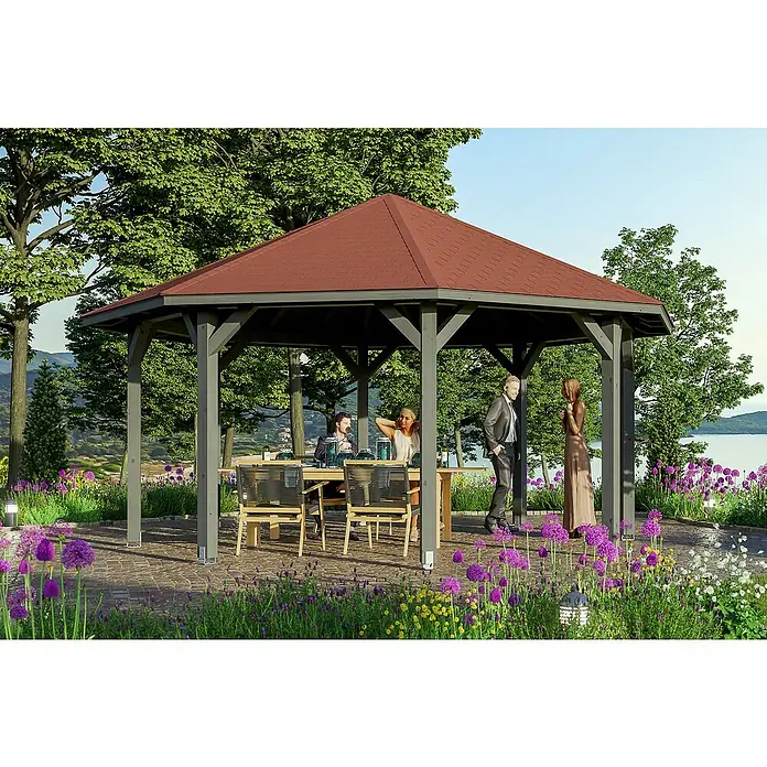 Skan Holz Pavillon Nice 3 - L x B: 557 x 557 cm, Schiefergrau - Stimmungsaufnahme