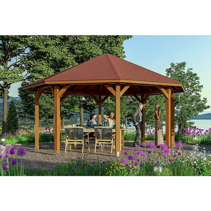 Skan Holz Pavillon Nice 3 - L x B: 557 x 557 cm, Nussbaum - Stimmungsaufnahme