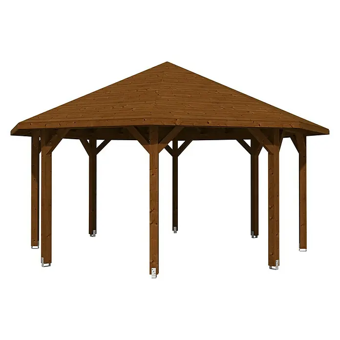 Skan Holz Pavillon Nice 3 - L x B: 557 x 557 cm, Nussbaum - Diagonale Ansicht
