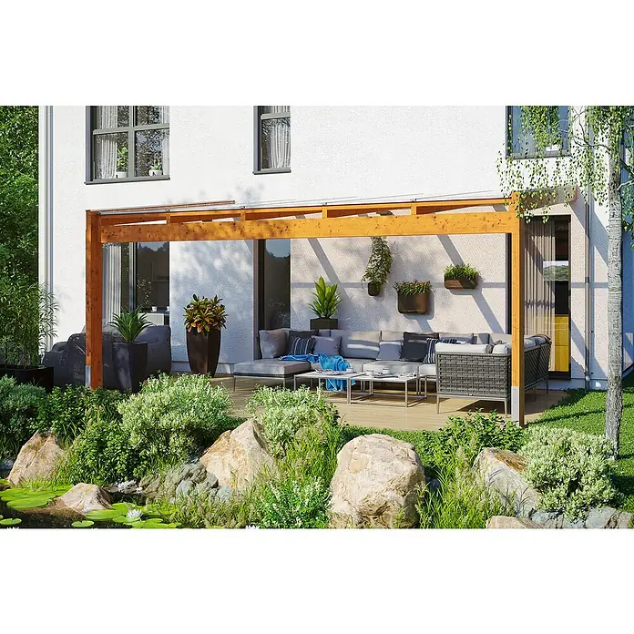 Skan Holz Terrassenüberdachung Novara - L x T: 557 x 359 cm, Polycarbonat, Eiche Hell - Anwendungsbeispiel