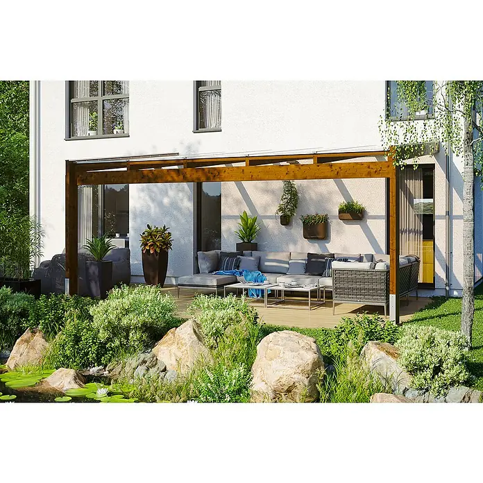 Skan Holz Terrassenüberdachung Novara - L x T: 557 x 359 cm, Polycarbonat, Nussbaum - Anwendungsbeispiel