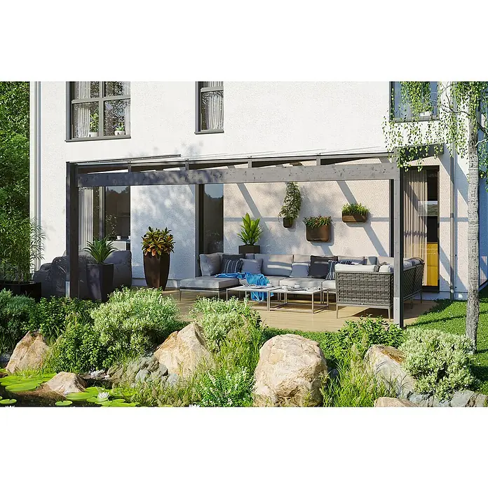 Skan Holz Terrassenüberdachung Novara - L x T: 557 x 359 cm, Polycarbonat, Schiefergrau - Anwendungsbeispiel
