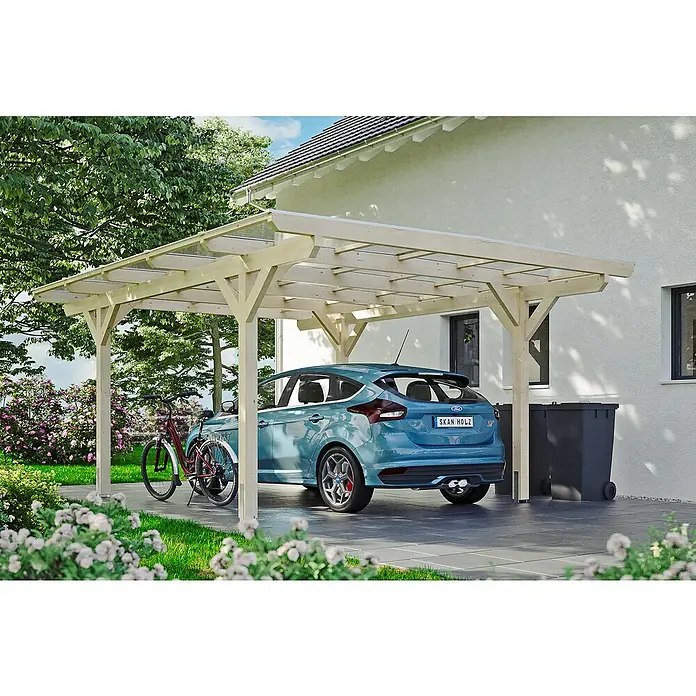 Skan Holz Carport Odenwald - L x B: 541 x 428 cm, Einfahrtshöhe: 220 cm, Natur - Anwendungsbeispiel