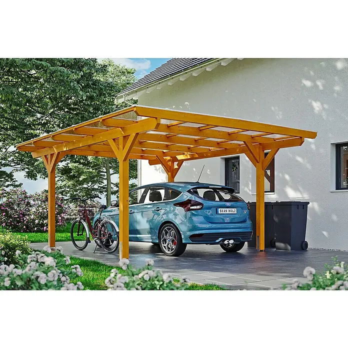 Skan Holz Carport Odenwald - L x B: 541 x 428 cm, Einfahrtshöhe: 220 cm, Eiche Hell - Anwendungsbeispiel