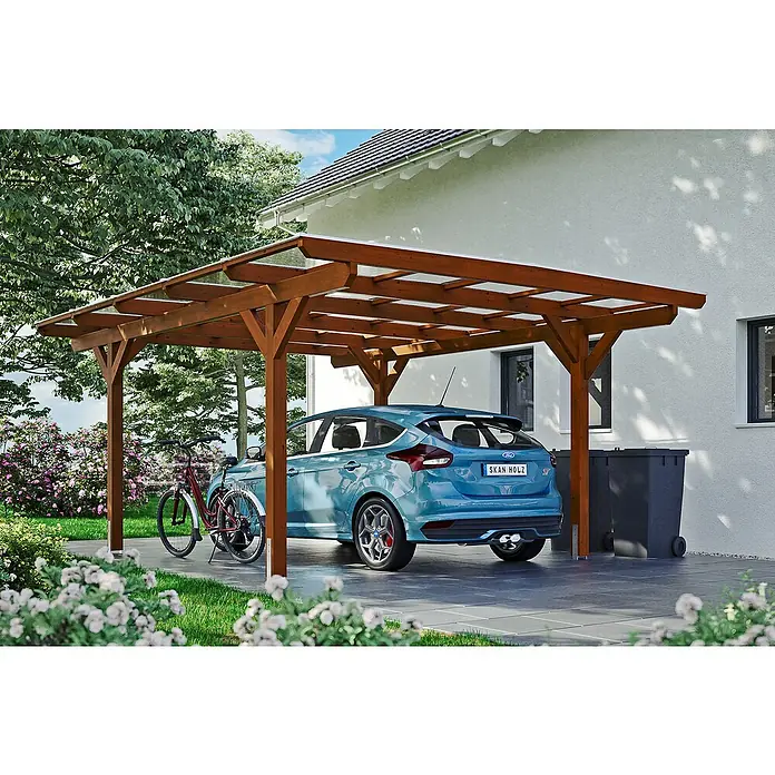Skan Holz Carport Odenwald - L x B: 541 x 428 cm, Einfahrtshöhe: 220 cm, Nussbaum - Anwendungsbeispiel