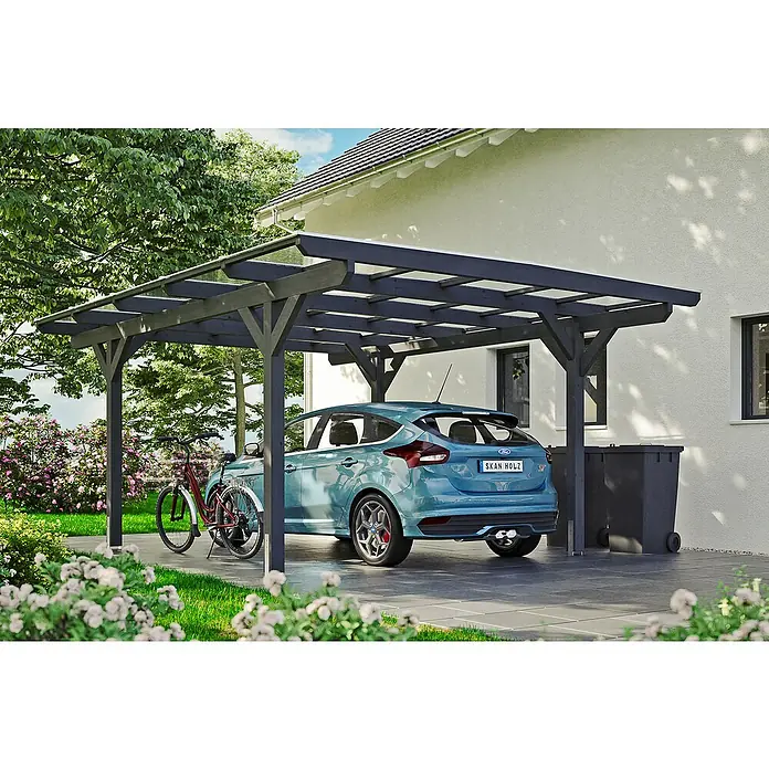Skan Holz Carport Odenwald - L x B: 541 x 428 cm, Einfahrtshöhe: 220 cm, Schiefergrau - Anwendungsbeispiel