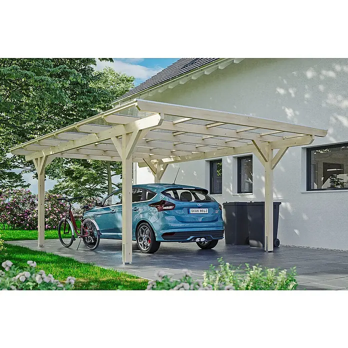 Skan Holz Carport Odenwald - L x B: 648 x 428 cm, Einfahrtshöhe: 220 cm, Natur - Anwendungsbeispiel
