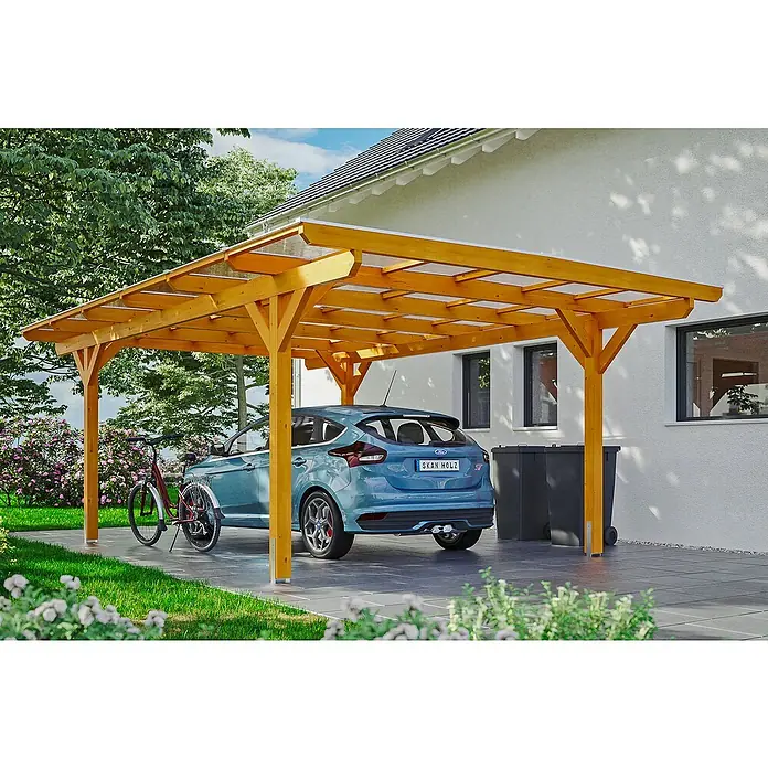 Skan Holz Carport Odenwald - L x B: 648 x 428 cm, Einfahrtshöhe: 220 cm, Eiche Hell - Anwendungsbeispiel