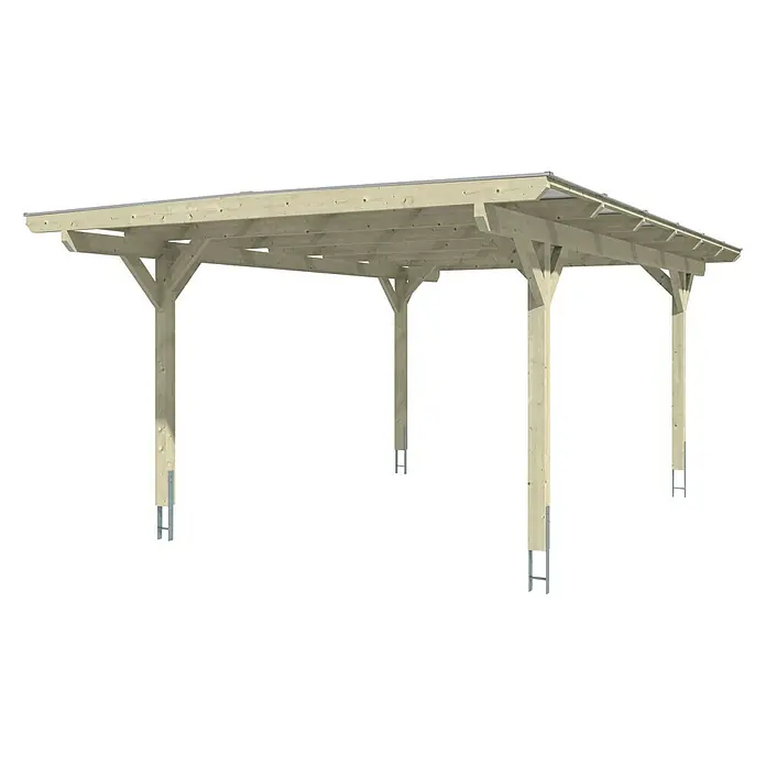 Skan Holz Carport Odenwald - L x B: 648 x 428 cm, Einfahrtshöhe: 220 cm, Eiche Hell - Diagonale Ansicht