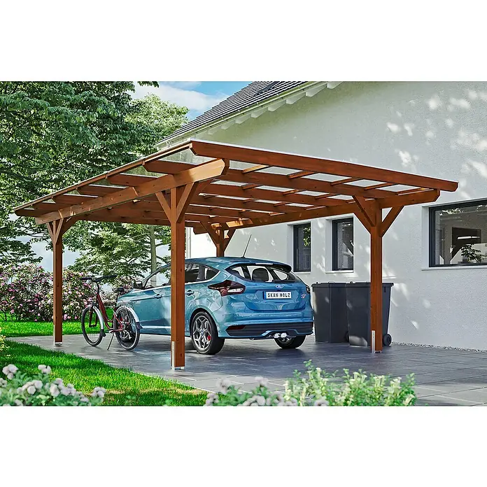 Skan Holz Carport Odenwald - L x B: 648 x 428 cm, Einfahrtshöhe: 220 cm, Nussbaum - Anwendungsbeispiel