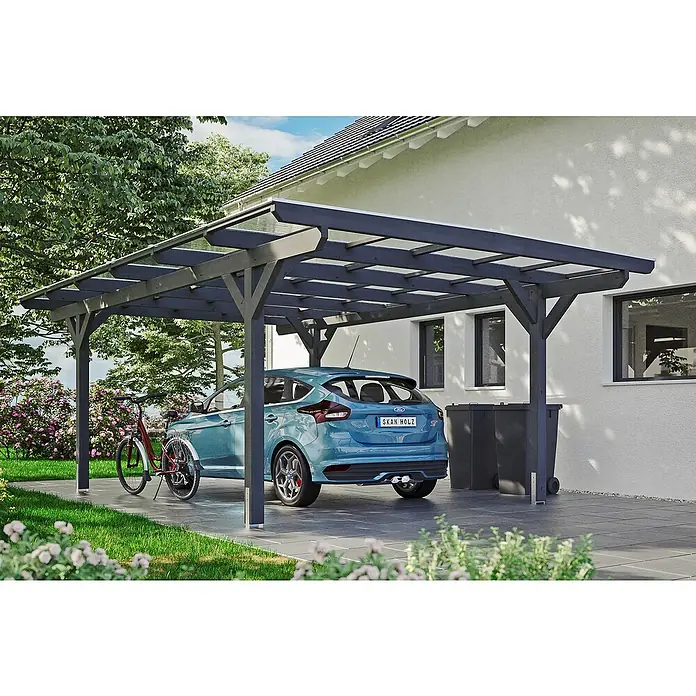 Skan Holz Carport Odenwald - L x B: 648 x 428 cm, Einfahrtshöhe: 220 cm, Schiefergrau - Anwendungsbeispiel