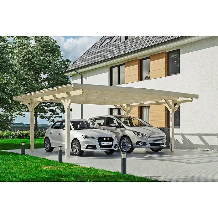 Skan Holz Doppelcarport Odenwald - L x B: 541 x 640 cm, Einfahrtshöhe: 220 cm, Natur - Anwendungsbeispiel