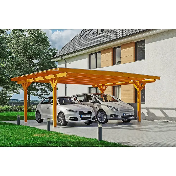 Skan Holz Doppelcarport Odenwald - L x B: 541 x 640 cm, Einfahrtshöhe: 220 cm, Eiche Hell - Anwendungsbeispiel