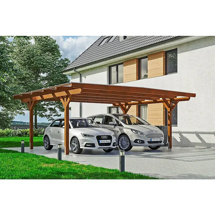 Skan Holz Doppelcarport Odenwald - L x B: 541 x 640 cm, Einfahrtshöhe: 220 cm, Nussbaum - Anwendungsbeispiel