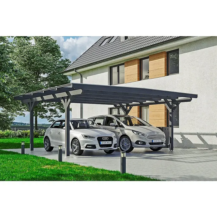 Skan Holz Doppelcarport Odenwald - L x B: 541 x 640 cm, Einfahrtshöhe: 220 cm, Schiefergrau - Anwendungsbeispiel