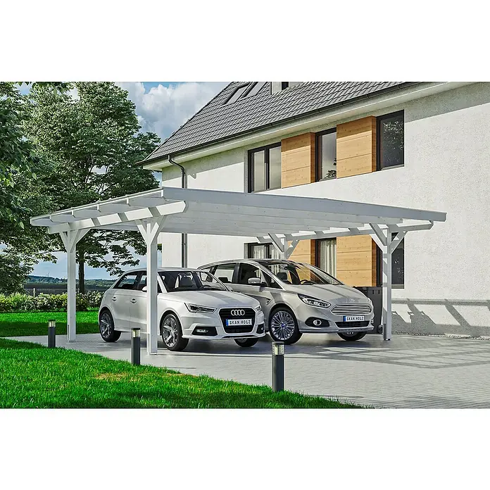 Skan Holz Doppelcarport Odenwald - L x B: 541 x 640 cm, Einfahrtshöhe: 220 cm, Weiß - Anwendungsbeispiel