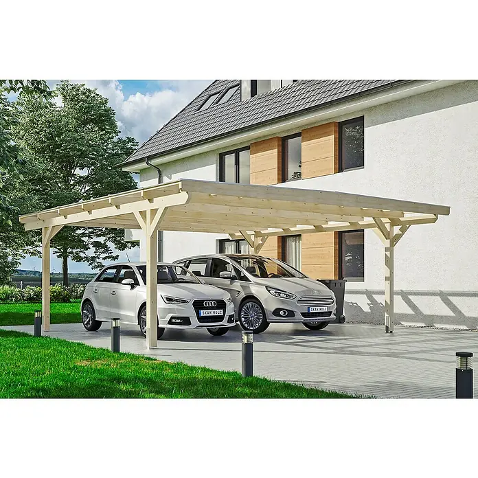 Skan Holz Doppelcarport Odenwald - L x B: 648 x 640 cm, Einfahrtshöhe: 220 cm, Natur - Anwendungsbeispiel