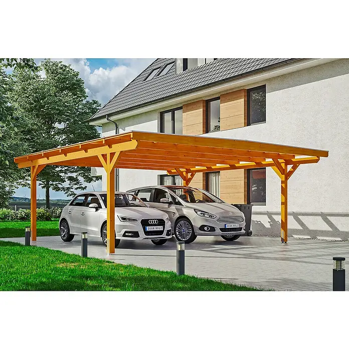 Skan Holz Doppelcarport Odenwald - L x B: 648 x 640 cm, Einfahrtshöhe: 220 cm, Eiche Hell - Anwendungsbeispiel