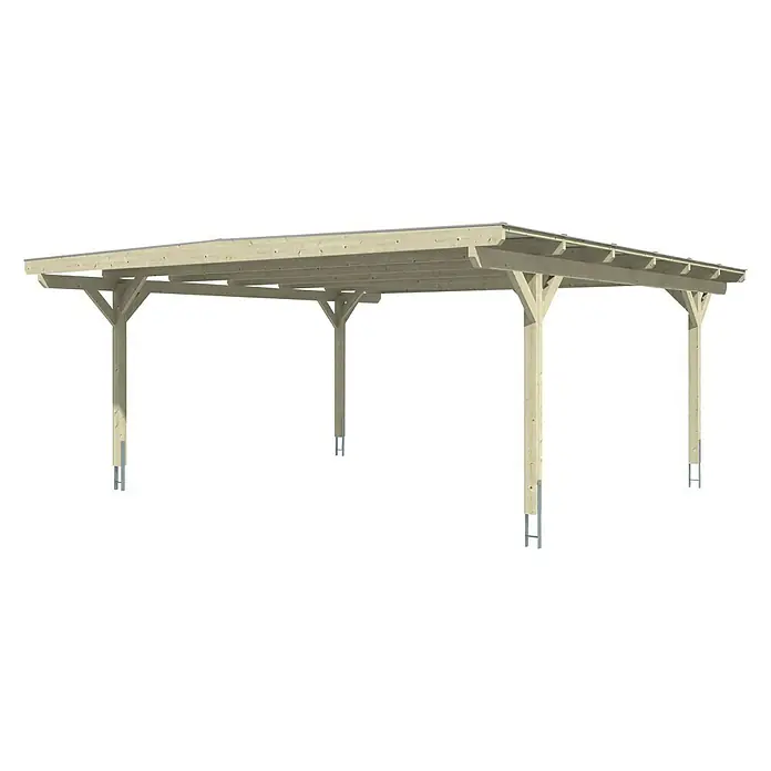 Skan Holz Doppelcarport Odenwald - L x B: 648 x 640 cm, Einfahrtshöhe: 220 cm, Natur - Diagonale Ansicht