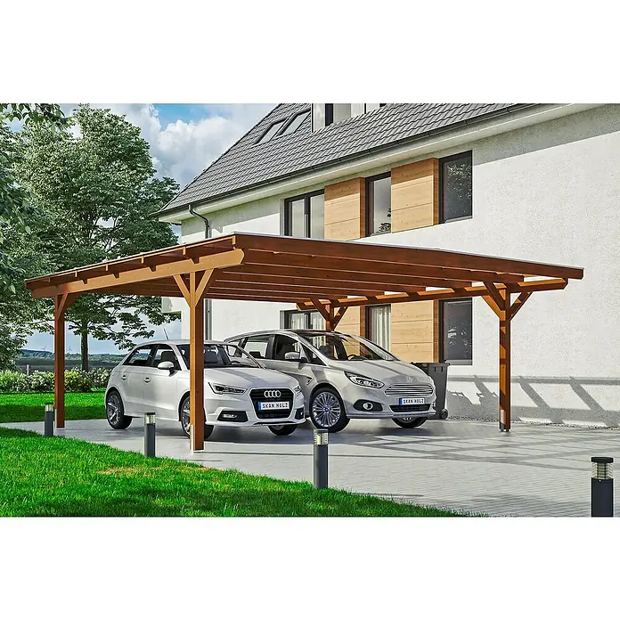 Skan Holz Doppelcarport Odenwald - L x B: 648 x 640 cm, Einfahrtshöhe: 220 cm, Nussbaum - Anwendungsbeispiel