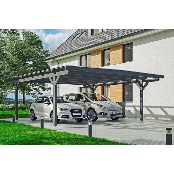 Skan Holz Doppelcarport Odenwald - L x B: 648 x 640 cm, Einfahrtshöhe: 220 cm, Schiefergrau - Anwendungsbeispiel