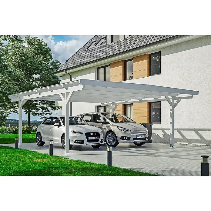 Skan Holz Doppelcarport Odenwald - L x B: 648 x 640 cm, Einfahrtshöhe: 220 cm, Weiß - Anwendungsbeispiel