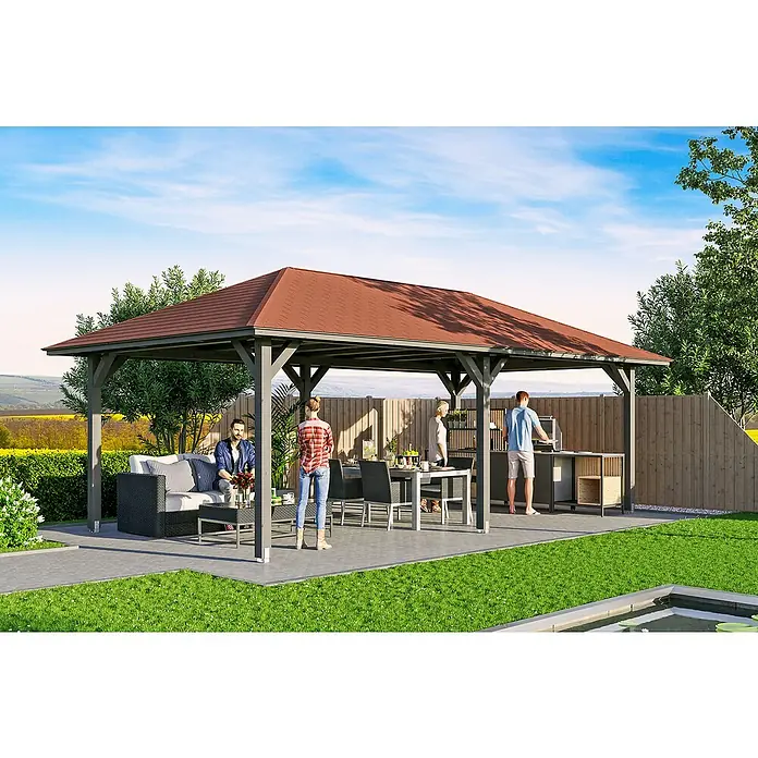 Skan Holz Pavillon Orleans 2 - L x B: 786 x 439 cm, Holz, Schiefergrau - Stimmungsaufnahme