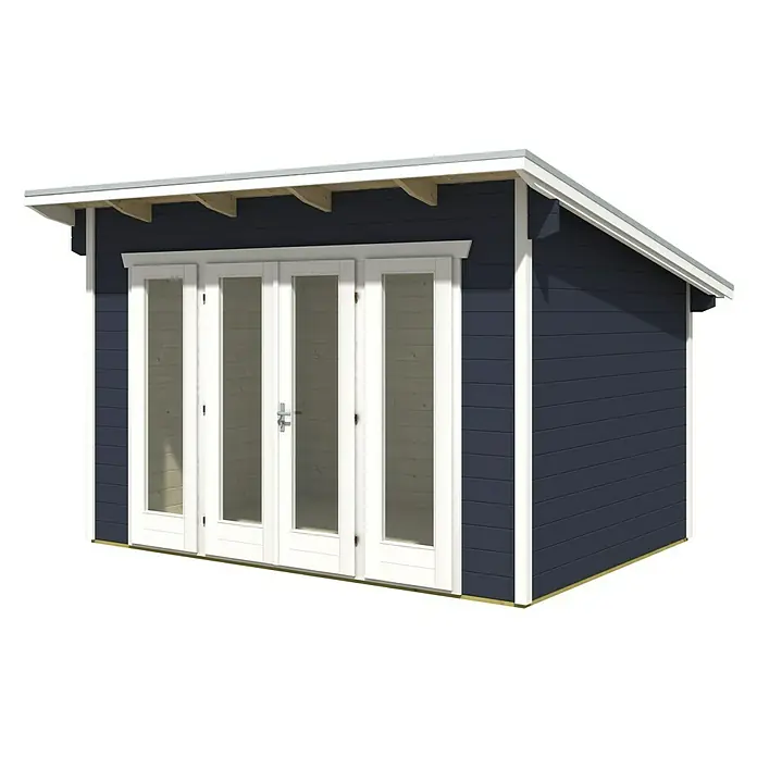 Skan Holz Gartenhaus Ostende - B x T: 390 x 310 cm, Holz, 8,75 m², Wandstärke: 28 mm, Schiefergrau - Diagonale Ansicht