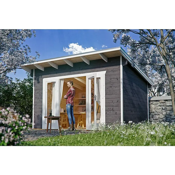 Skan Holz Gartenhaus Ostende - B x T: 390 x 310 cm, Holz, 8,75 m², Wandstärke: 28 mm, Schiefergrau - Stimmungsaufnahme