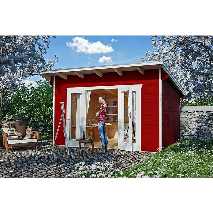 Gartenhaus Ostende - B x T: 390 x 310 cm, Holz, 8,75 m², Wandstärke: 28 mm, Schwedenrot - Stimmungsaufnahme