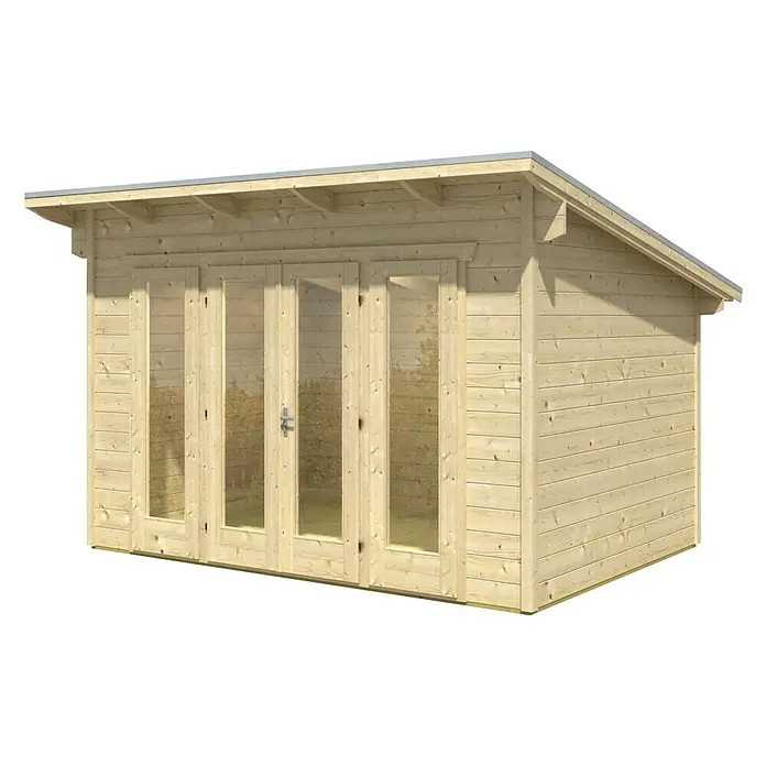Skan Holz Gartenhaus Ostende - B x T: 390 x 310 cm, Holz, 8,75 m², Wandstärke: 28 mm, Natur - Diagonale Ansicht