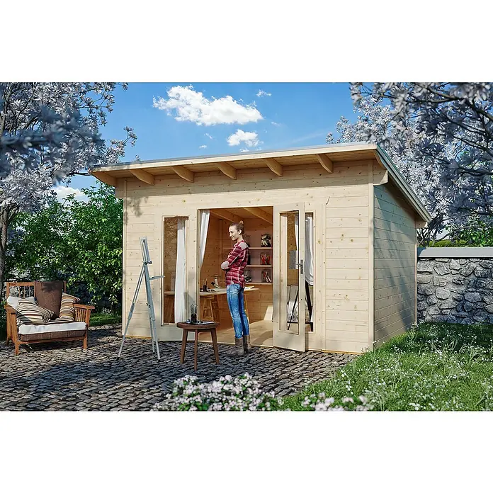 Skan Holz Gartenhaus Ostende - B x T: 390 x 310 cm, Holz, 8,75 m², Wandstärke: 28 mm, Natur - Stimmungsaufnahme