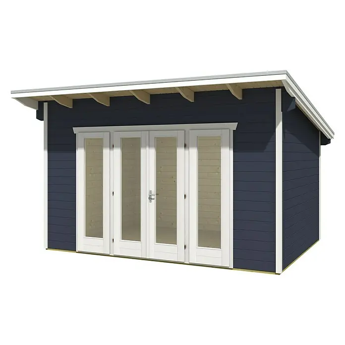 Skan Holz Gartenhaus Ostende - B x T: 440 x 380 cm, Holz, 12 m², Wandstärke: 28 mm, Schiefergrau - Diagonale Ansicht