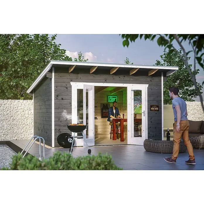 Skan Holz Gartenhaus Ostende - B x T: 440 x 380 cm, Holz, 12 m², Wandstärke: 28 mm, Schiefergrau - Stimmungsaufnahme