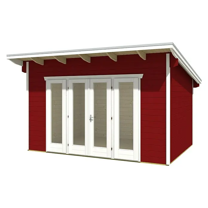 Skan Holz Gartenhaus Ostende - B x T: 440 x 380 cm, Holz, 12 m², Wandstärke: 28 mm, Schwedenrot - Diagonale Ansicht