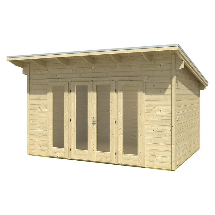 Skan Holz Gartenhaus Ostende - B x T: 440 x 380 cm, Holz, 12 m², Wandstärke: 28 mm, Natur - Diagonale Ansicht