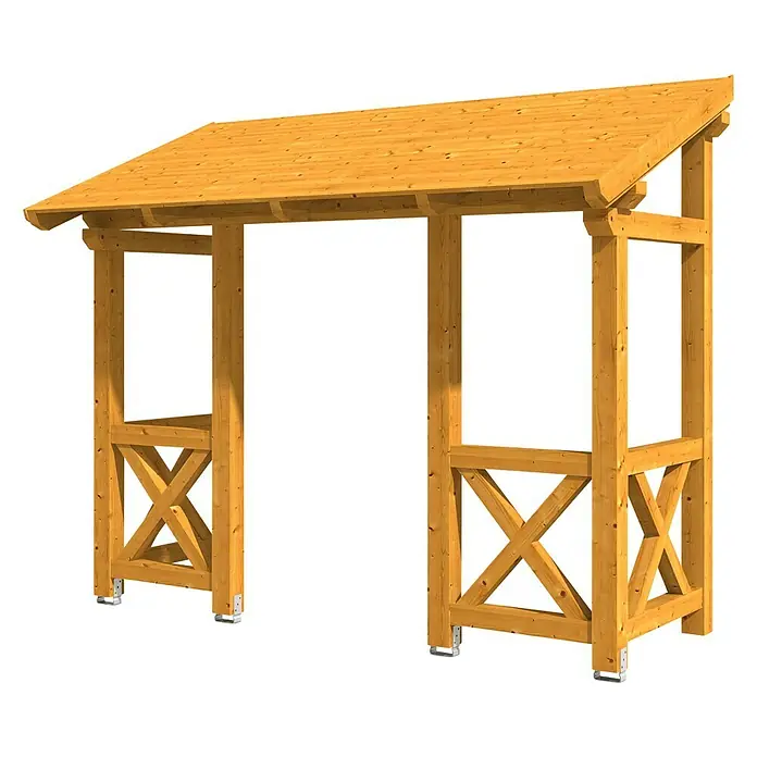 Skan Holz Vordach Paderborn 5 - B x H: 336 x 208 cm, Eiche Hell - Diagonale Ansicht