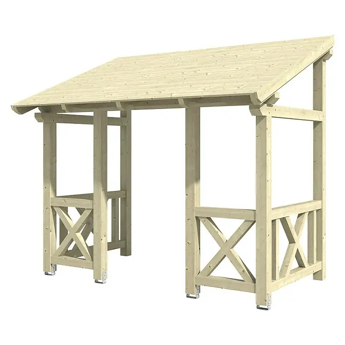 Skan Holz Vordach Paderborn 7 - L x T: 336 cm x 202 cm, Natur - Diagonale Ansicht
