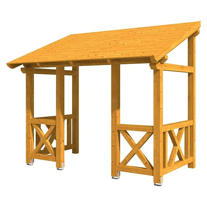 Skan Holz Vordach Paderborn 7 - L x T: 336 cm x 202 cm, Eiche Hell - Diagonale Ansicht