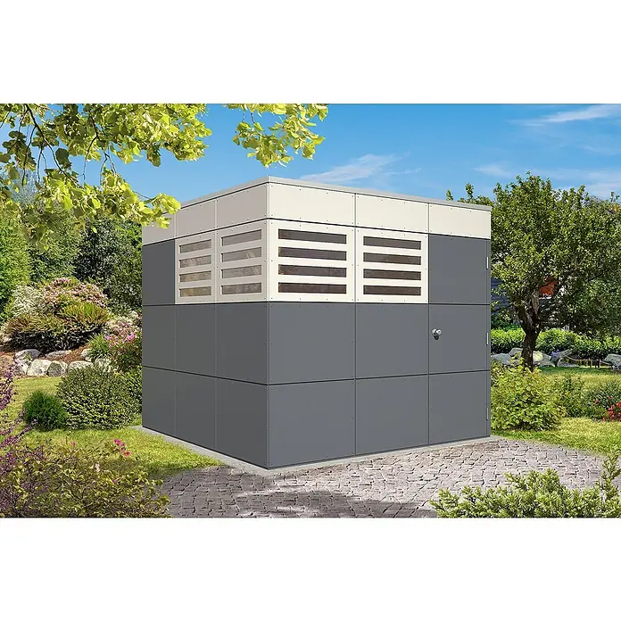Skan Holz CrossCube Gartenhaus Perth 3 - B x T: 253 x 253 cm, 6,4 m², Wandstärke: 10 mm - Stimmungsaufnahme