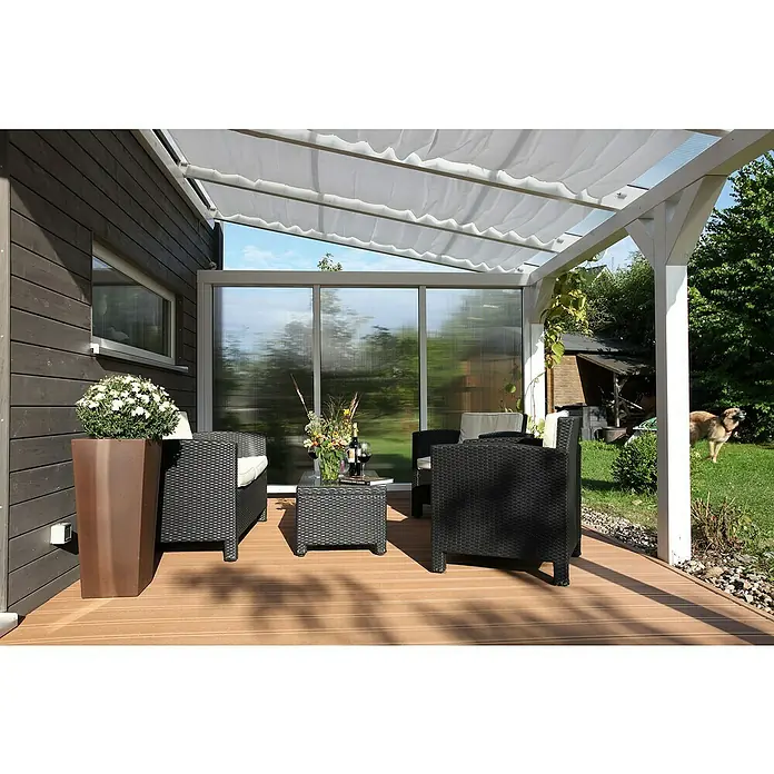 Skan Holz Seitenwand - Passend für: Skan Holz Terrassenüberdachungen aus Douglasie, Tiefe 350 cm, Natur, Polycarbonat - Stimmungsaufnahme