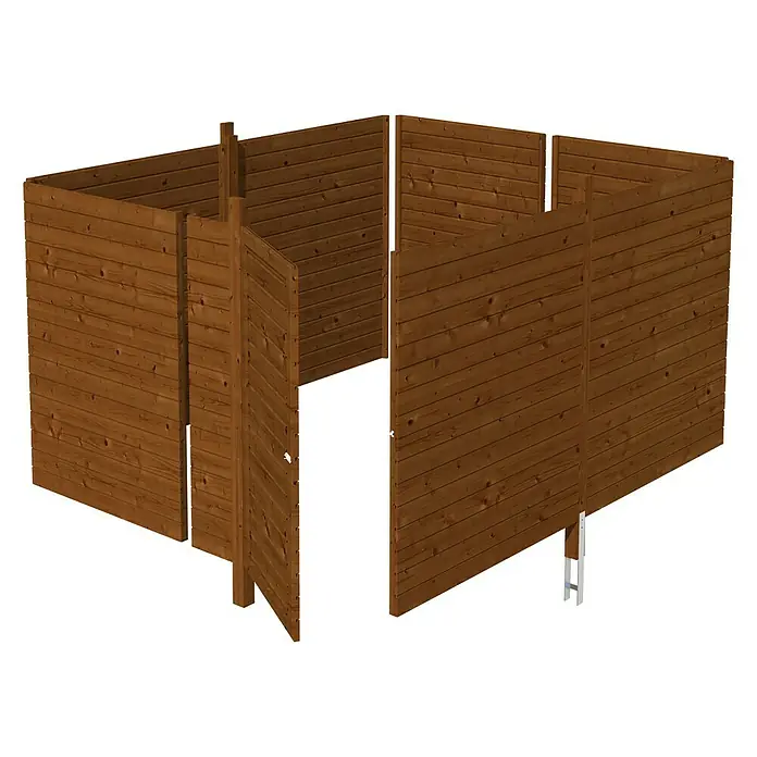 Skan Holz Carport-Abstellraum C4 - Passend für: Skan Holz Carports mit Durchfahrtsbreite bis 355 cm, Nussbaum - Diagonale Ansicht