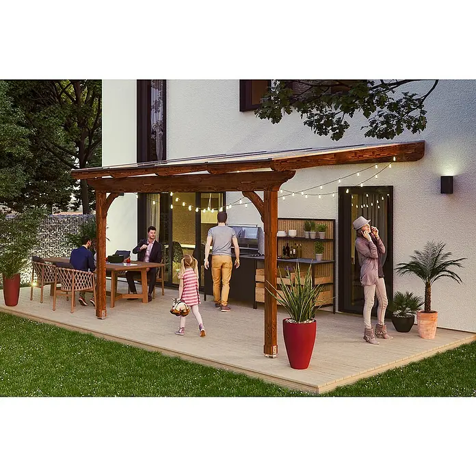 Skan Holz Terrassenüberdachung Ravenna - L x T: 434 x 350 cm, Polycarbonat, Nussbaum - Stimmungsaufnahme