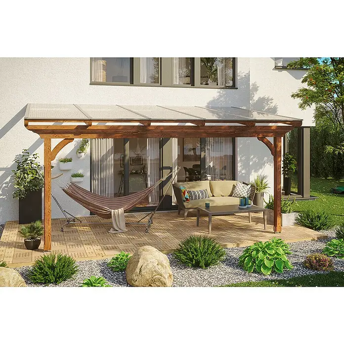 Skan Holz Terrassenüberdachung Ravenna - L x T: 541 x 350 cm, Polycarbonat, Nussbaum - Stimmungsaufnahme